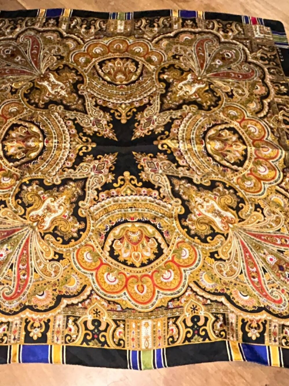 Echo 100% Silk Scarf Gold Paisley with multicolor border, Vintage, made in Japan